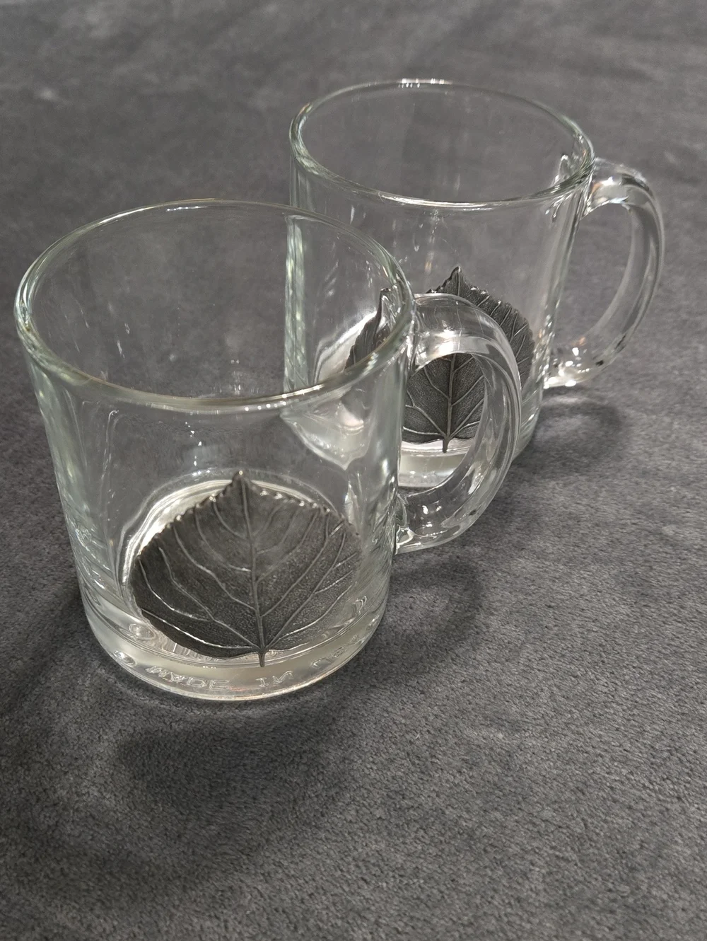 Set Of 2 Clear Glass Coffee Tea Mugs With Metal Silver Leaf